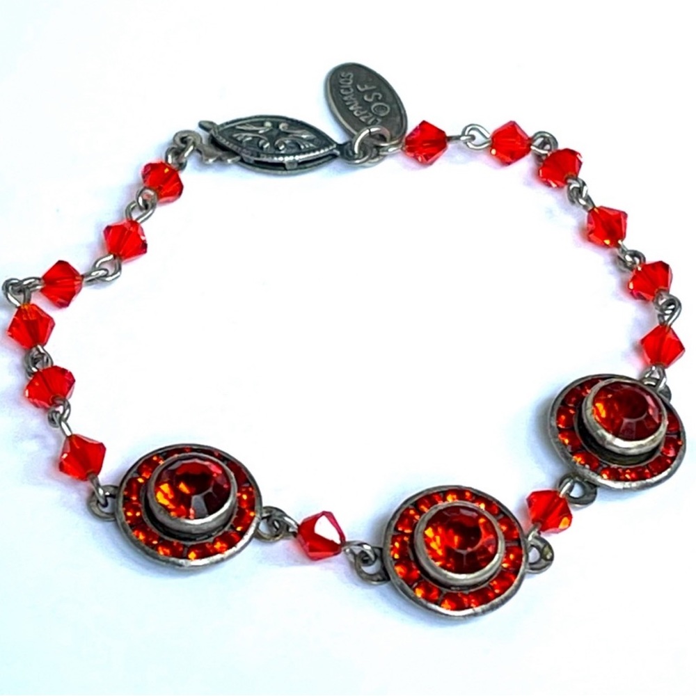 Liz Paiacios Signed Beautiful Red Stone Beaded Vintage Silver Bracelet